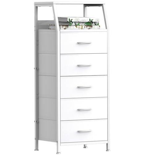 Image of Ollieroo White Dresser for Bedroom, Storage Organizer with 5 Drawers, Vertical Fabric Storage Stand, Nightstand Bedside Table, Sturdy Steel Frame & Wooden Top