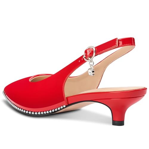 Image of TNYNFBEB Womens Low Kitten Heel Close Pointed Toe Pumps Slingback Silver Beaded Buckle Prom Party Dress Patent Leather 1.4 Inches Heels