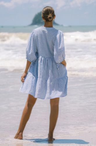 chouyatou Women's Summer V-Neck Casual Striped Midi Shirt Dress Tiered Boho Beach Tunic Babydoll Dress4