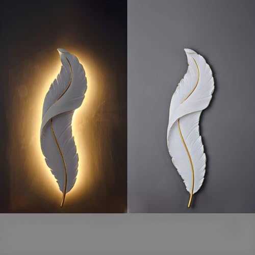 Image of Resin Antique Feather Wall Sconce|Snowy Quill Decorative Wall Light for Living Room, Hallway, Kitchen & Office- Warm White, Cool White, Natural White (White+Golden)