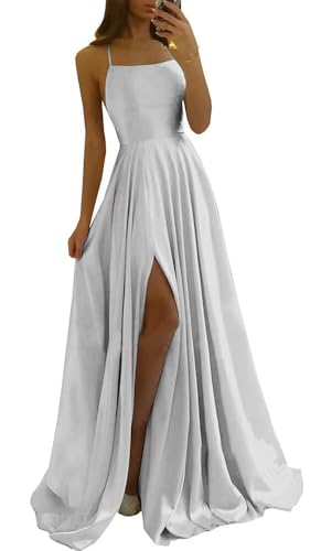 Image of Tvuyet Satin Prom Dresses Long with Pockets Spaghetti Straps A Line Bridesmaid Dresses with Side Slit Ball Gown