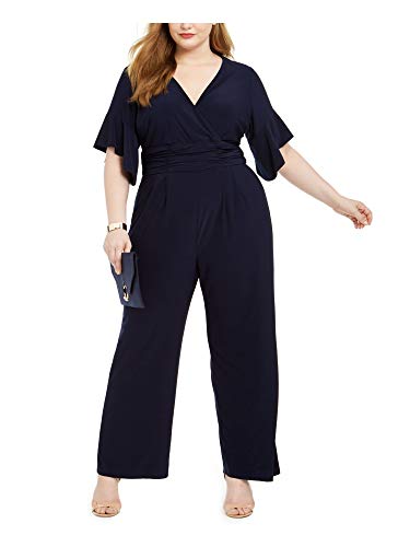 Jessica Howard Womens Plus Surplice Ruched Jumpsuit Navy 3X