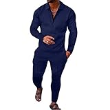 Size M Navy Blue Men's Polo Sweatsuit Set Long Sleeve 2 Piece Outfit Fashion Jogging Track Suit Comfy Casual Set for Men