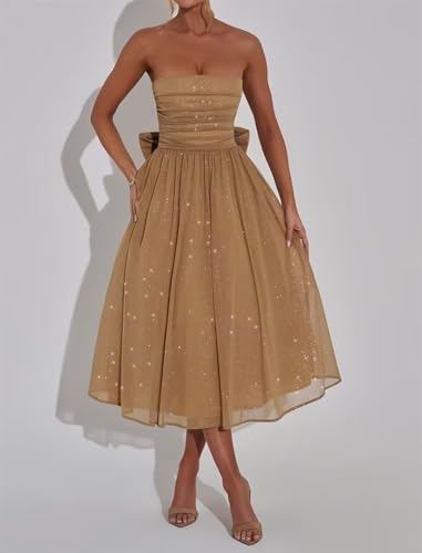 Sparkly Strapless Prom Dress for Women 2025 Tea Length Summer Tulle Dress with Bow Midi Evening Gowns3