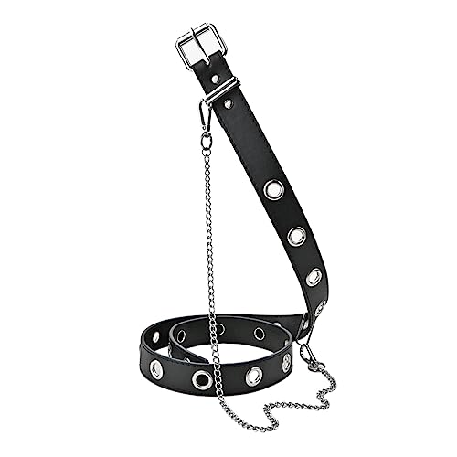 Womens Rivet Grommet Punk Belt Goth Dance for Jeans Black Single Row Groment with Chain
