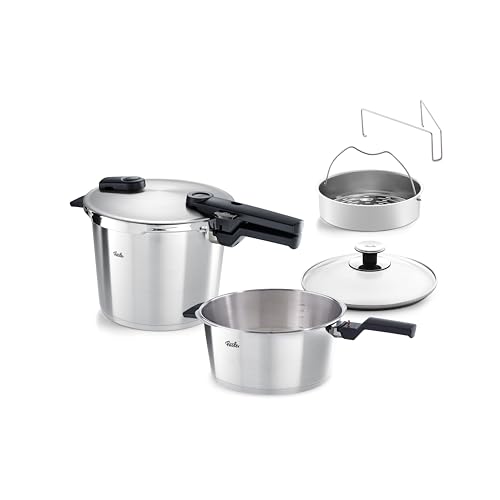 Fissler Vitaquick Premium zestaw szybkowarów, 2-częściowy, Ø 22 cm (szybkowar 6 l + 3,5 litra) z wkładką, dodatkowa szklana pokrywka, 2 stopnie gotowania, Made in Germany - indukcja