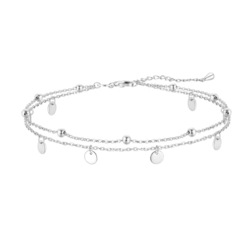 Image of CHIC & ARTSY 925 Sterling Silver Ankle Bracelets for Women, Dainty Adjustable Layered Foot Chains with Symbolic Charms, Boho Beach Everyday Lightweight Jewelry