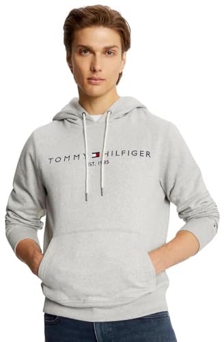 TOMMY HILFIGER mens Embroidered Tommy Logo Fleece Pullover Hooded Sweatshirt, Grey Heather, XXL
