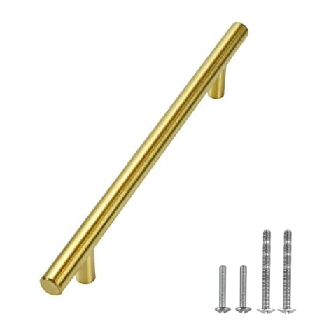 Modket Euro Round Cabinet Handles Pulls 304 Stainless Steel — 8-3/4" Overall Length, 6-1/4" (160mm) Hole Centers, Brushed Satin Brass Gold— 25-Packs Cover