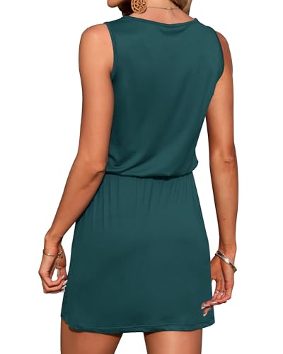 Image of AUSELILY Womens Summer Sleeveless V-Neck Drawstring Waist Beach Cover up Mini Short Swing Dresses with Pockets