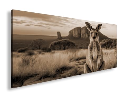 Leinwandbild Känguru vor Outback-Kulisse – wild und wunderbar Panorama 100x50cm Effekt: Sepia XXL Wandbild auf Keilrahmen/Kunstdruck/Bild Wohnzimmer Dekoration