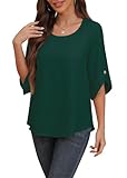 Askyes Womens Chiffon Blouses Summer Casual Crew Neck 3/4 Sleeve Tunic Tops for Leggings Chiffon Blouses for Women,Green,L
