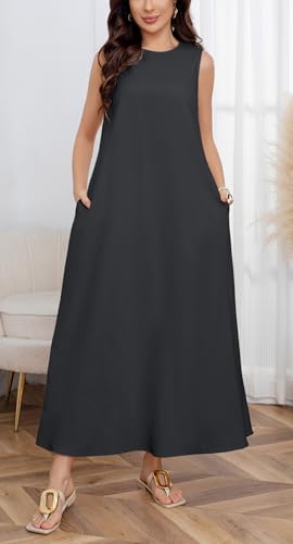 Image of CHARTOU Women Casual Cotton Linen Sleeveless Maxi Dress Ruffle Shift Dress Flowy Beach Summer Long Tank Dress