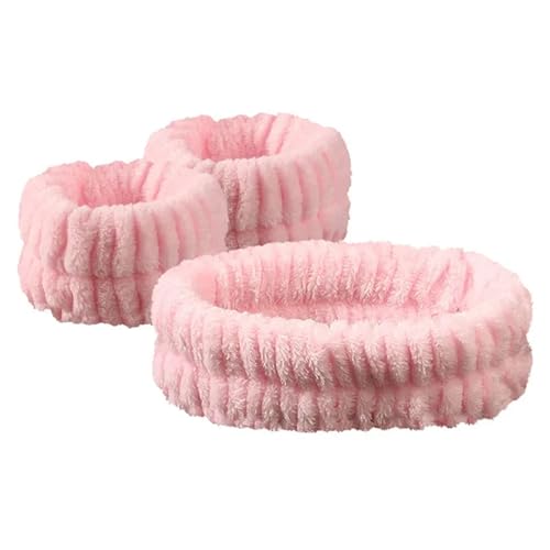 Set de 10 joyas de pelo para trenzas y muñequeras de microfibra para lavado facial color rosa