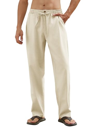 CMTOP Pantalones Lino Hombre Verano Pantalon Lino Hombre Casual Anchos Largos Pantalon Color Sólido Ligeros Pantalón Cintura Elástica Pantalones Piernas Rectas con Cordón, Bolsillos(Beige, XL)