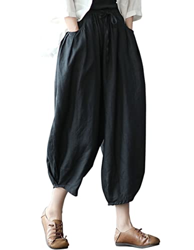 IXIMO Women's Linen Capri Pants Casual Loose Fit Wide Leg Harem Pocket Pleated Trousers