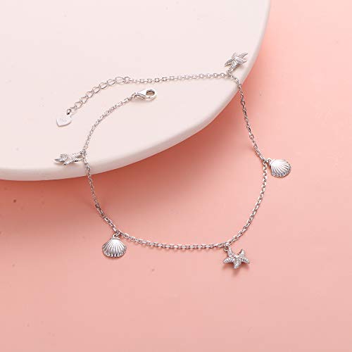 Flyow Starfish Shell Anklet 925 Sterling Silver For Women Girls Adjustable Seaside Ankle Bracelet Boho Beach Foot Chain 9+1 Inch Charm Jewelry Best Birthday Gifts #TOP3