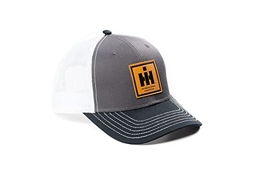 J&D Productions, Inc. International Harvester IH Leather Emblem Hat, Gray with Black Brim and White Mesh Back