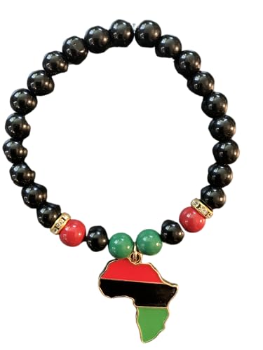 Pan African Bracelet 8mm Stone, with Red Black Green Africa Charm