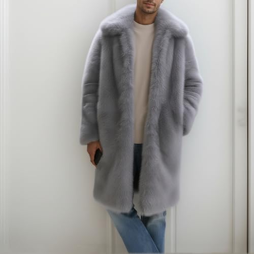 Image of Colf Men's Winter Fluffy Lapel Faux Fur Coat Jacket | Mens Faux Fur Jacket, Winter Long Overcoat, Long Sleeve, Fluffy, Thik Warm