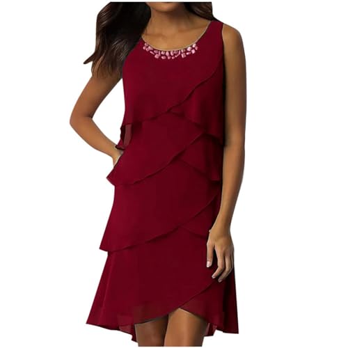 Sommerkleid Damen Knielang Chiffon Kleider Kurzarm Rundhals Mehrlagiges Midikleid Elegant Hochzeit Abendkleider Cocktail Party Chiffonkleid Festliche...