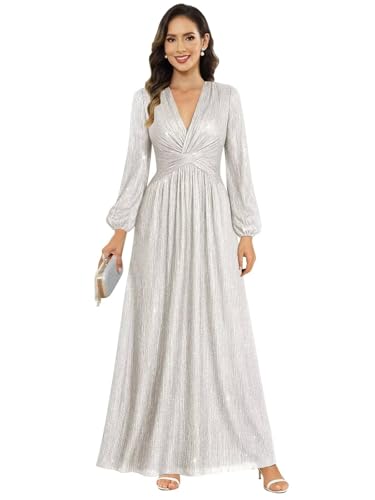Image of Women's Formal Wedding Guest V Neck Glitter Sequins Mother of The Bride Dresses Long Sleeve