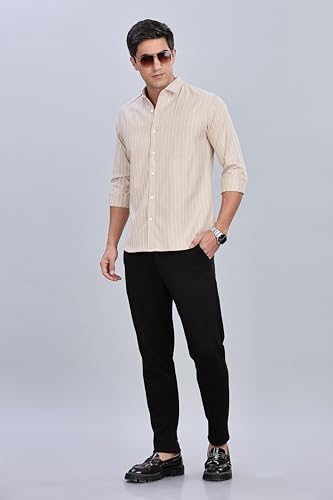 Image of MILDIN Men's Pure Cotton Striped Printed Shirt with Spread Collared Neck Full Sleeve Curved Hemline Button Closure and Regular Fit | Shirt for Man