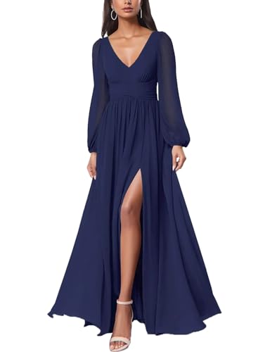 firfig Women Mesh Deep V Neck Open Back Sheer Long Sleeve Slit Leg Bridesmaid Maxi Dress Cocktail Party Wedding Guest Dresses