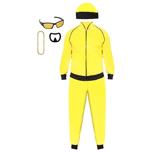 90s Celebrity Costume - Adults Yellow & Black Shell Suit + Matching Hat + Sunglasses + Gold Chain + Black Goatee - Funny Rapper Halloween Stag Do Fancy Dress Costume