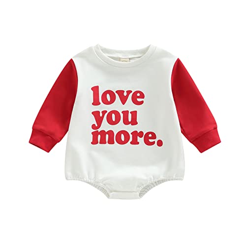 DNOMAID YZARC Valentines Baby Girl Boy Outfit Heart Crewneck Bubble Romper Sweatshirt Long Sleeve Bodysuit Sweater Tops (Red love you more, 0-3 Months)