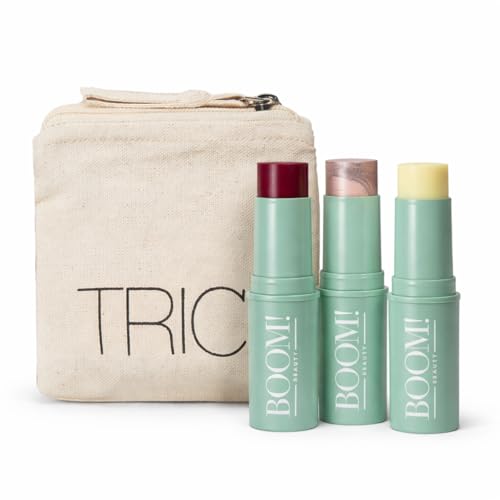 Boomstick Trio ® Color 3 Pack Cream Blush Makeup, Color Blush Stick, Highlighter Stick & Moisturizer for Cheeks, Eyes & Lips, Blendable Vegan Boom Sticks by Cindy Joseph for Older Women, BOOM Beauty
