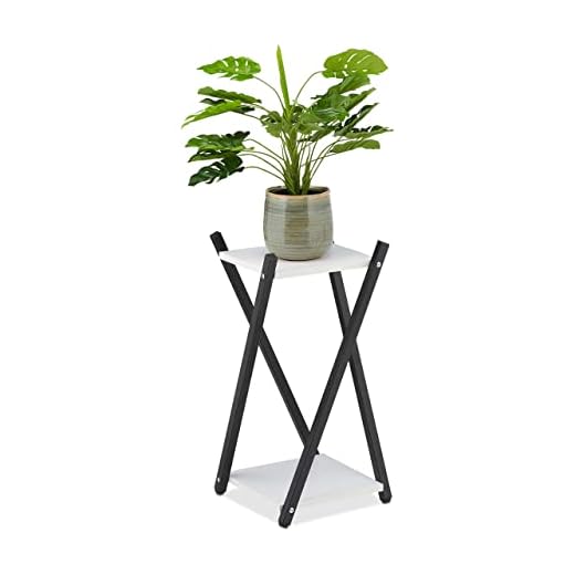 Relaxdays Soporte Macetas, 2 Baldas Efecto Madera, Metal, Taburete Plantas Moderno, 57 x 29 x 29 cm, Negro/Blanco, 60% Acero 40% Tablero de Fibra