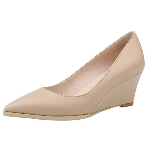 Jamron Damen Echtleder Spitze 5.5CM Keilabsatz Pumps Büroarbeit Gericht Schuhe Aprikose SN02411-2 EU37 Cover