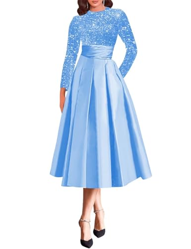 Women's Long Sleeve Mother of The Bride Dresses with Pockets Sequin Prom Dress Satin A Line Formal Evening Gown
