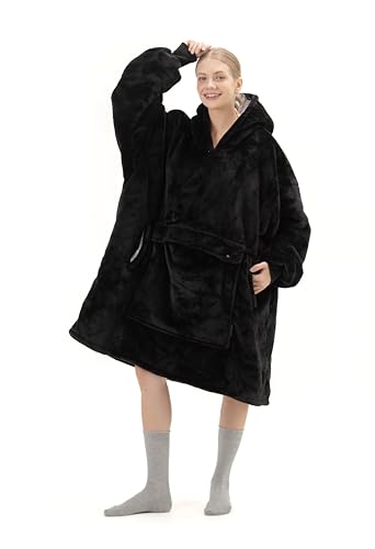 CUDDLECORE Wearable Blanket Hoodie, Oversized Sherpa Fleece Sweatshirt with Large Pocket, for Adults Women Men (Black)