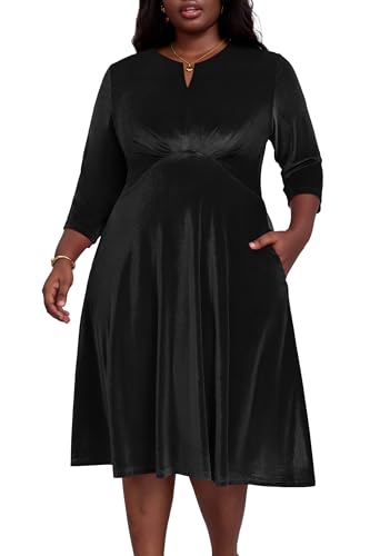 Nmoder Velvet Dress for Women Plus Size V Neck 3/4 Sleeve Wedding Guest Cocktail Work Fall Winter Midi Black Dresses