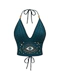 SHENHE Women's Crochet Halter Crop Top Lace Up Tie Backless Tropical Print Knitted Boho Tank Dark Green Medium