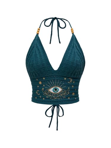 SHENHE Women's Crochet Halter Crop Top Lace Up Tie...