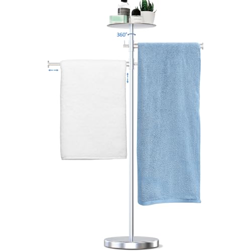 Zevemomo Freestanding Towel Rack for Bathroom, Floor Standing Towel Holder with Two 360° Swivel Arms and Top Storage Tray, 304 Stainless Steel Towel Racks