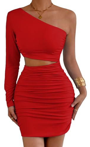 FEOYA Damen Langarm Minikleid Kurz Sexy Off Shoulder Rüschen Kleid Cut Out Bodycon Bleistiftkleid Wickelkleid Cocktail Party Club Rot XS