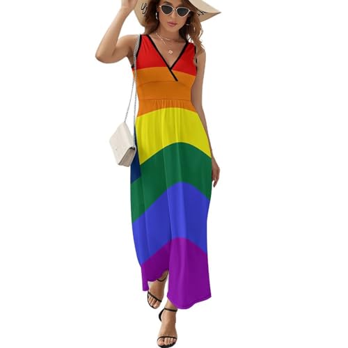 LGBT Rainbow U.S. Flag Sleeveless Maxi Dress for Women V Neck Casual Long Dresses Summer Beach 2XL