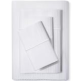 Feather & Stitch 500 Thread Count 100% Cotton Stripe Sheets + 2 Pillowcases, Soft Sateen Weave, Deep Pocket, Hotel Collection, Luxury Bedding Set (White, Queen)