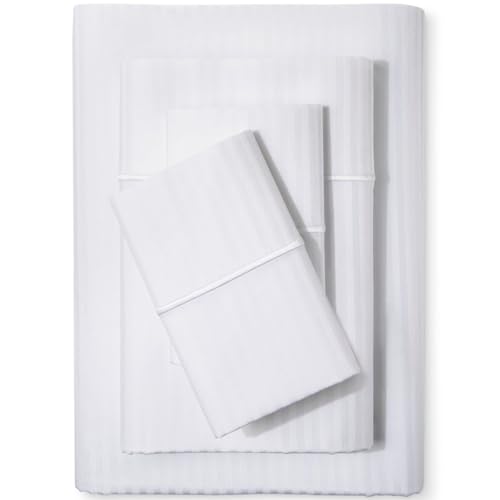 Image of Feather & Stitch 500 TC Queen Size Damask Bed Sheet Set, 100% Cotton Soft Breathable Bedsheets, 4 Piece 18 inch Deep Pockets Sateen Weave Striped Bedding Mattress Resort Hotel- (White Stripe)
