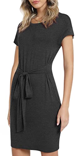 Popyoung 2023 Women's Summer Short Sleeve T Shirt Dress Casual Tie Waist Dresses With Pockets Large, Hemp Gray #TOP1