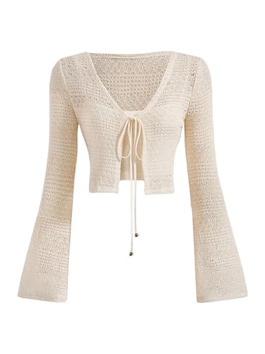 Milumia Women's Tie Front Crochet Cover Up V Neck Bell Long Sleeve Crop Cardigans