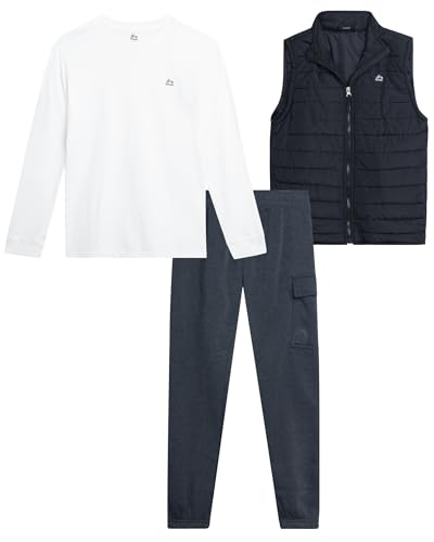 RBX Boys Pants Set - 3 Piece Zip Up Puffer Vest, Crew Neck Long Sleeve T Shirt and Fleece Joggers for Boys (Sizes: 4-12), Size 12, Grey Griffin Black