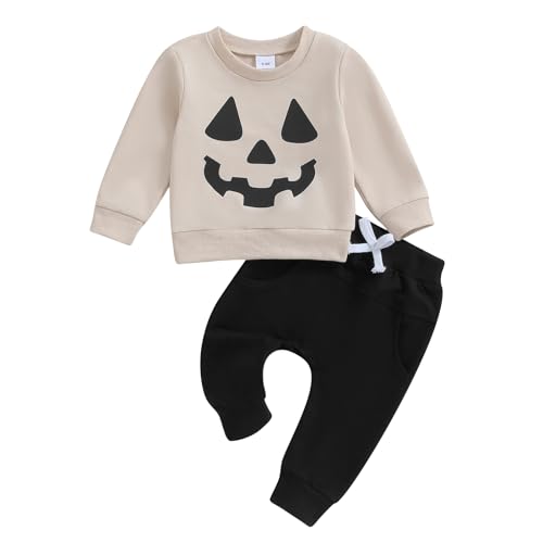 Image of LIOMENGZI Infant Baby Boy Halloween Outfit Long Funny Pumpkin Shirts Pant Set Toddler Fall Clothes 6 12 18 24 Months 2T