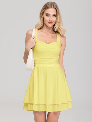 Image of IWD Women's Square Neck Sleeveless Mini Dress Ruched Waist Tiered Ruffle Hem A Line Short Dresses
