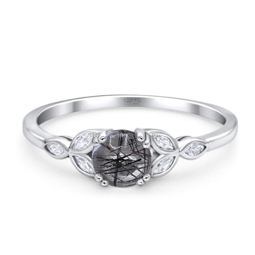 OMRANII Art Deco Round Natural Rutilated Quartz Floral Leaf Style Marquise CZ Wedding Engagement Ring 925 Sterling Silver Gifts For Her