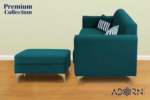 Image of Adorn India Premium Luster 4 Seater L Shape Sofa Set | Velvet Suede Fabric | 3-Year Warranty | Color Ocean Blue with Golden Legs & Striped Pattern Cushion
